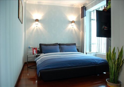 色彩明亮的次卧室设计注重简洁与舒适感，柔软厚实的天蓝色床充满海洋元素，搭配上墙角郁郁葱葱的绿植，呈现出清新的大自然气息