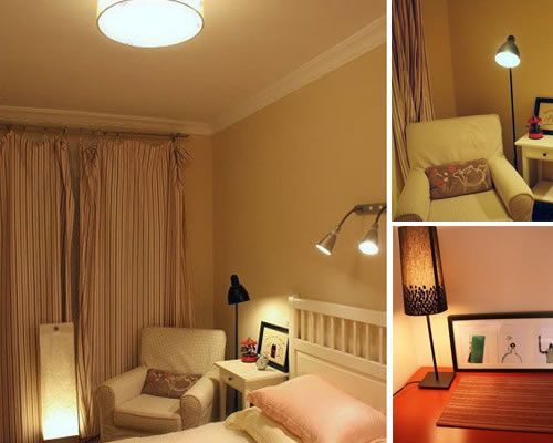 简洁线条的家具，简单、随性。金色且极具质感的裙边，和白色的床品形成强烈的对比，为略显朴素的房间增添了几分华丽