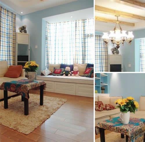 客厅装饰是简约流畅的线条和平直利落的框架结构，异域风采十足的抱枕和热情的向日葵是客厅的亮点