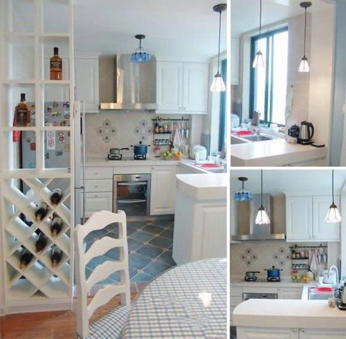 厨房空间不大却利用的很充分，简洁的木质架子也能搭出一个高雅的酒柜，很独特