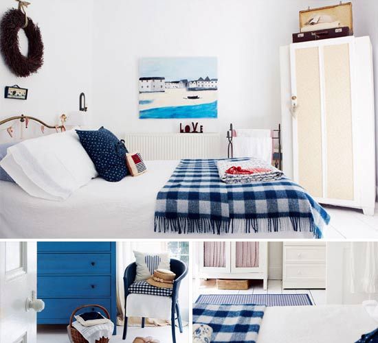 而卧室以蓝、白为主要色调，体现北欧岛国的风情，同样标志性的格子床品搭配上蓝色家装，让你无时无刻体会舒适清新