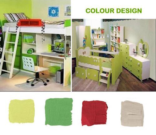 书桌与床连体的配置，加上绿色的配色，简洁而明快