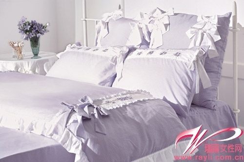 淑女屋  淡紫色条纹床品蝴蝶结让床品更婉约