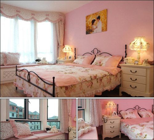 主卧的窗帘风格，采用了暖色系，非常养眼的粉红格，但又不是小女孩般的那种粉嫩色，卧室背景色也采用了与卧室装饰物同样的颜色，与之呼应