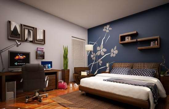深暗的色彩则容易使空间显得紧凑，给人一种温暖舒适的感觉。雅致的深蓝色背景墙，没有表现出明亮的色泽，而是用低饱和度的色彩装饰，更显出卧室的素雅，也给人清凉的舒适感