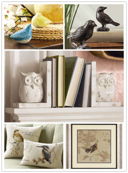 图为：Harbor House陶土装饰鸟、铝制装饰鸟、猫头鹰形木质书档、手绘花鸟印花靠垫、刺绣装饰画